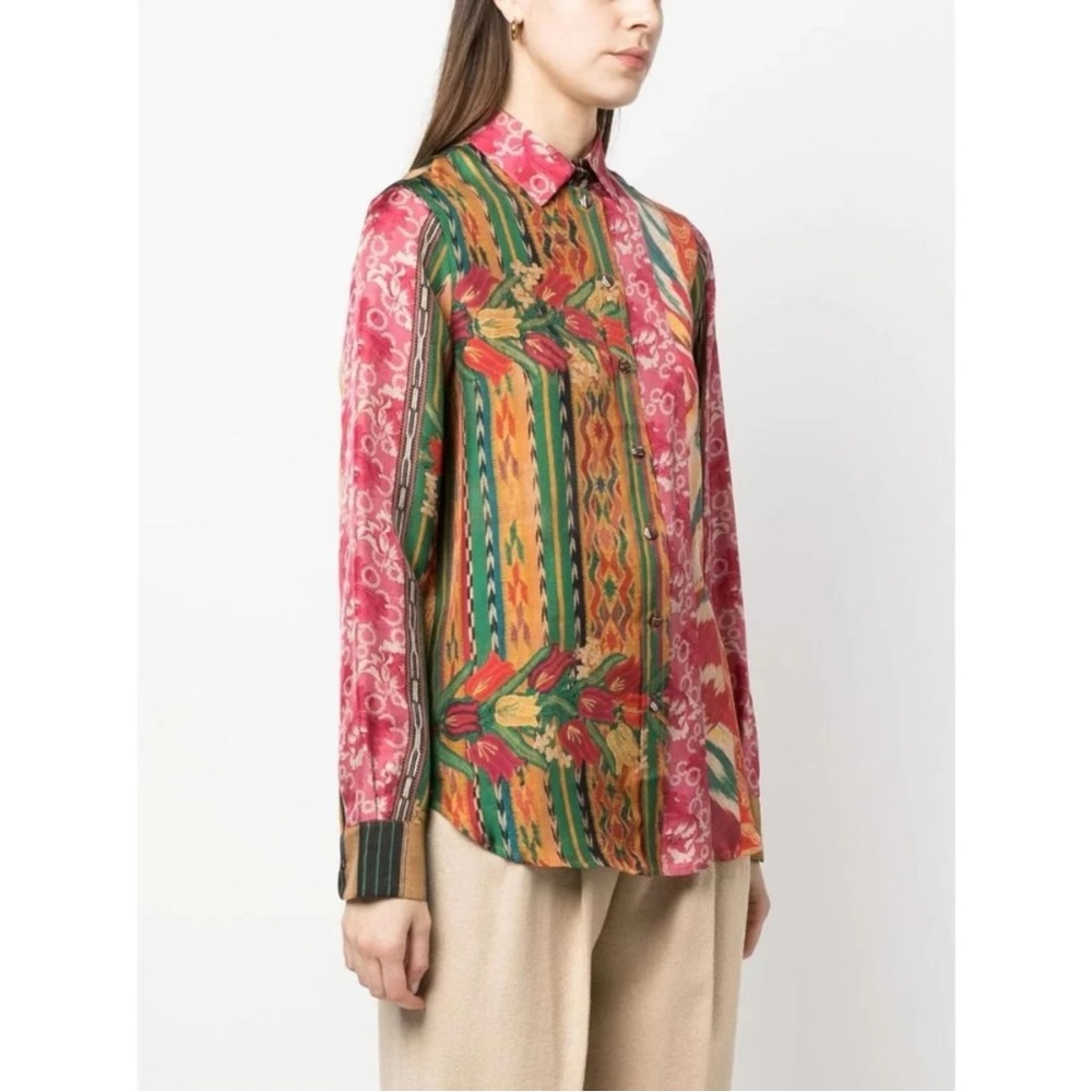 Pierre Louis Mascia Aloe Silk Colorful Floral Loose Fit Button Up Shirt Blouse